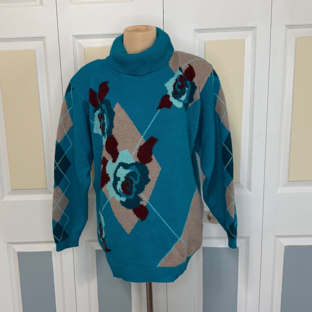 Pierre Cardin Vintage Teal Lambswool Angora Floral Argyle Turtleneck Sweater M